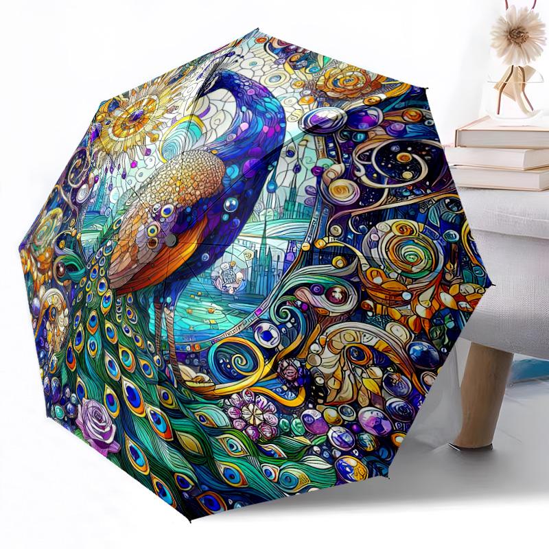 Peacock Feather Mandala Art Outdoor Automatic Umbrella Compact 8-Rib Weight Sturdy Construction Durable Everyday Carry Umbrella