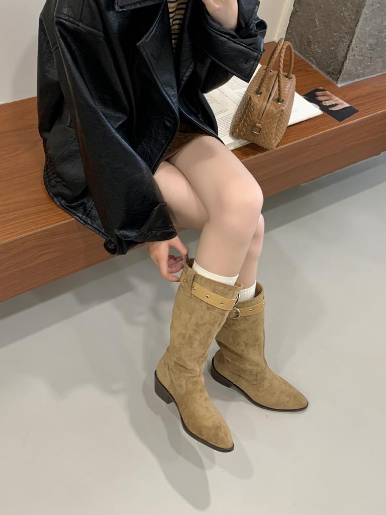 Vintage 2025 autumn and winter new thick heel buckle with western cowboy British style knight boots casual mid boots