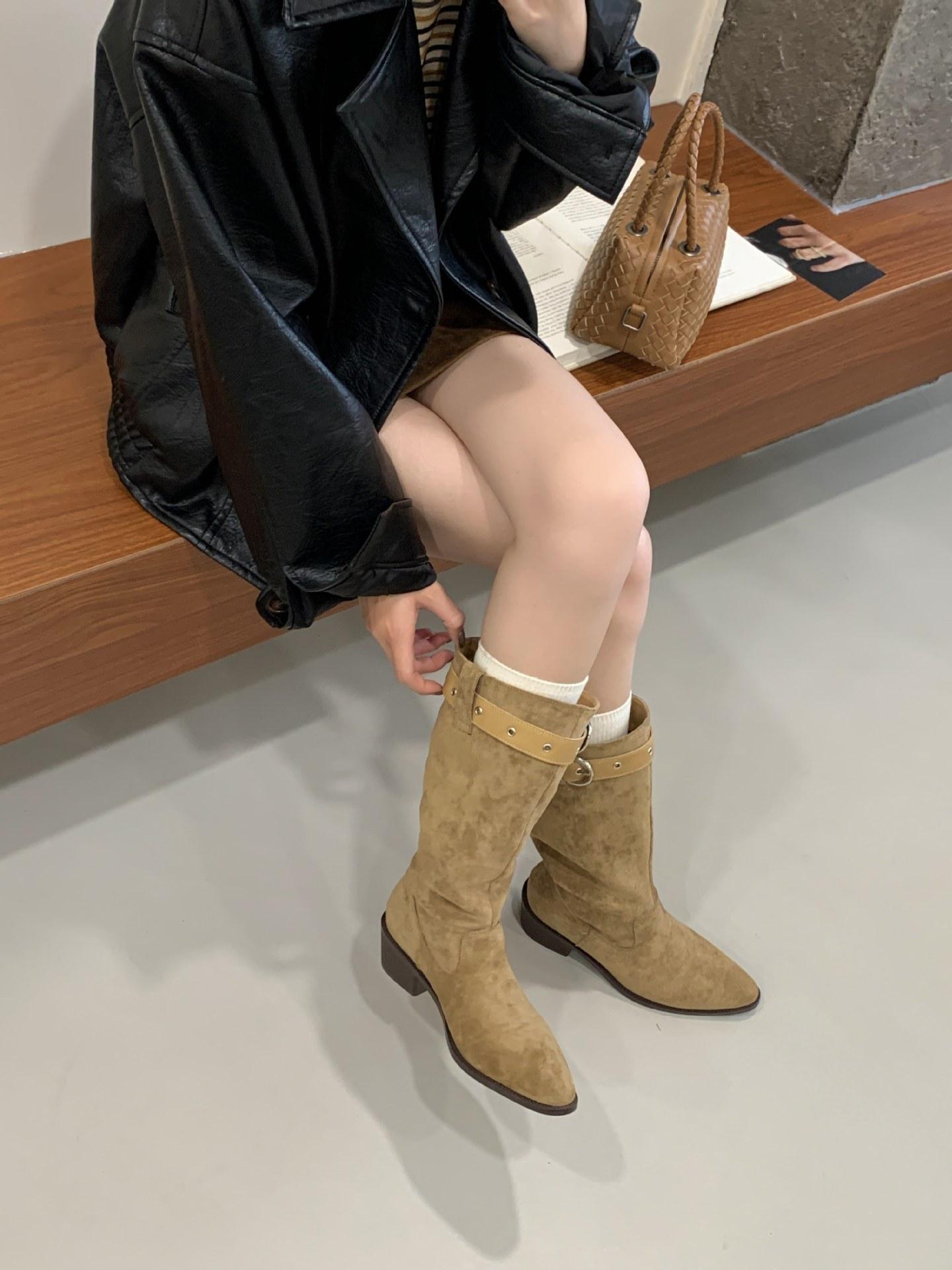 

Vintage 2025 autumn and winter new thick heel buckle with western cowboy British style knight boots casual mid boots 39 хаки