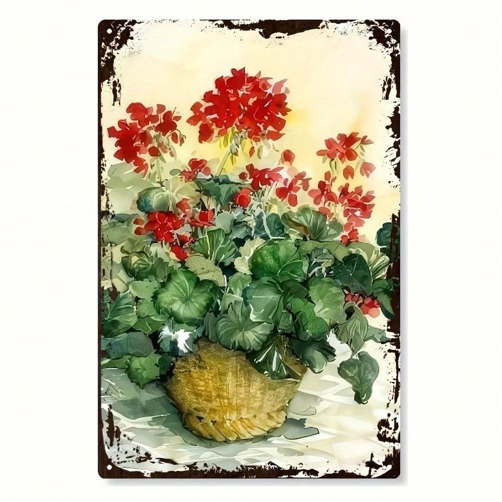 Brand Wall Art Hand Painted Iron Wall Decor 20x30cm Rustic Tin Pot Red Geraniums Green Vines 2D Flat Wall Hanging for Home