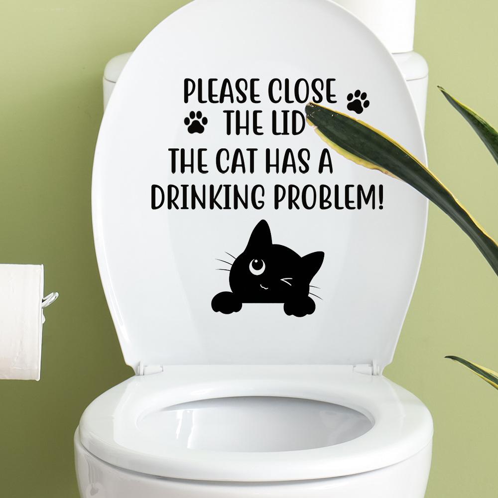 Schwarze Englische Zitate Katze Wandaufkleber Wasserdicht Abnehmbar Selbstklebend Toilettenaufkleber für Badezimmer Heimdekoration