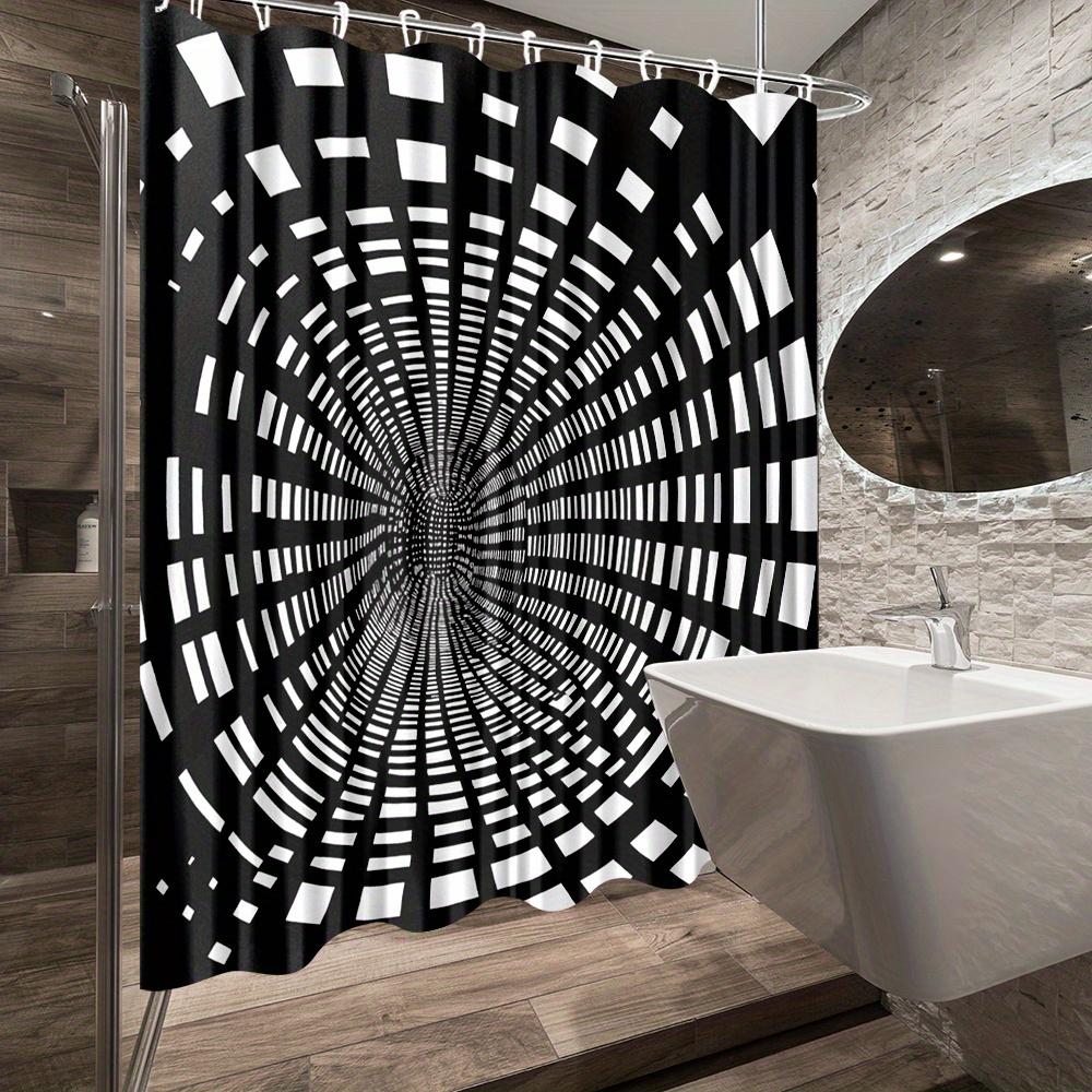 3D Tunnel Design Shower Curtain-Black And White Geometric Pattern, Polyester Fabric With 12 Hooks, Decorative Shower Curtain