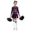 Girls Cheerleading Outfit Rhinestone Letter Design Metallic Color Patchwork Long Sleeve Pleated Dress Set