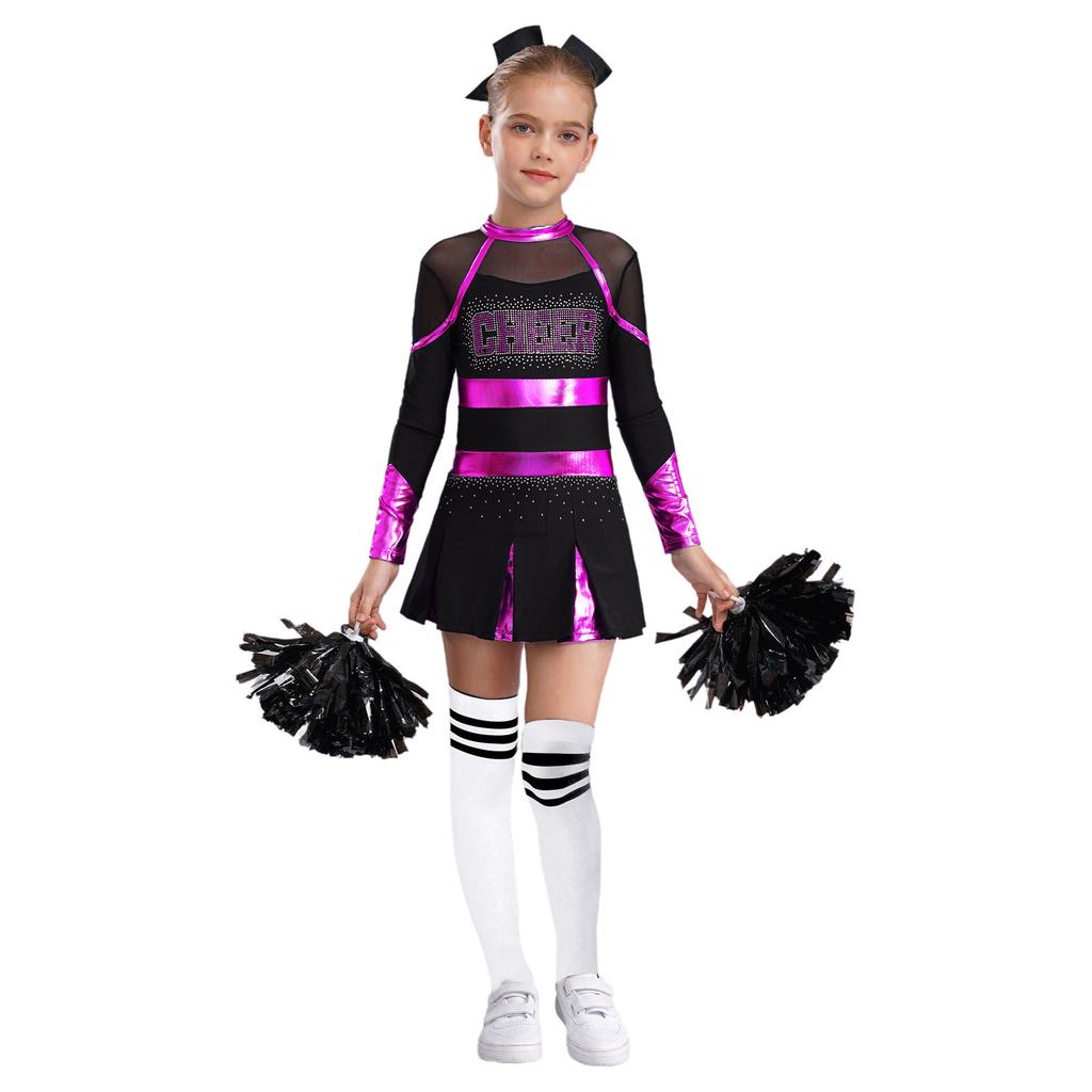 Girls Cheerleading Outfit Rhinestone Letter Design Metallic Color Patchwork Long Sleeve Pleated Dress Set