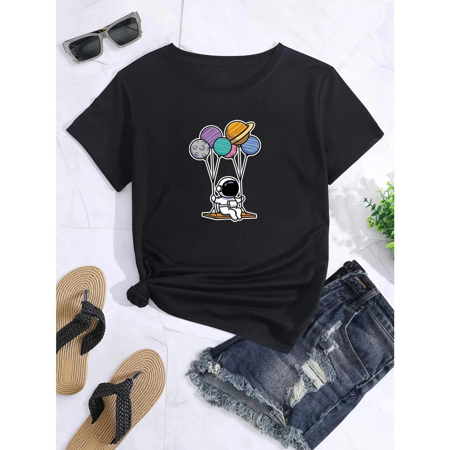 

Cartoon Astronaut Print T-shirt, Casual Crew Neck Short Sleeve Top For Spring & Summer, Women s Clothing S чёрный