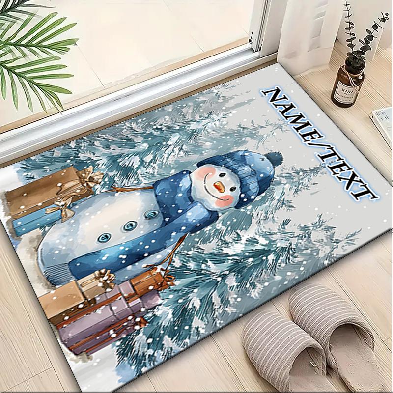 1PC Custom Name Snowman Presents Winter Scene Theme Floor Mat Ideal for Living Room, Game Rooms, Office, Bedroom,Floor Mat Playful Design