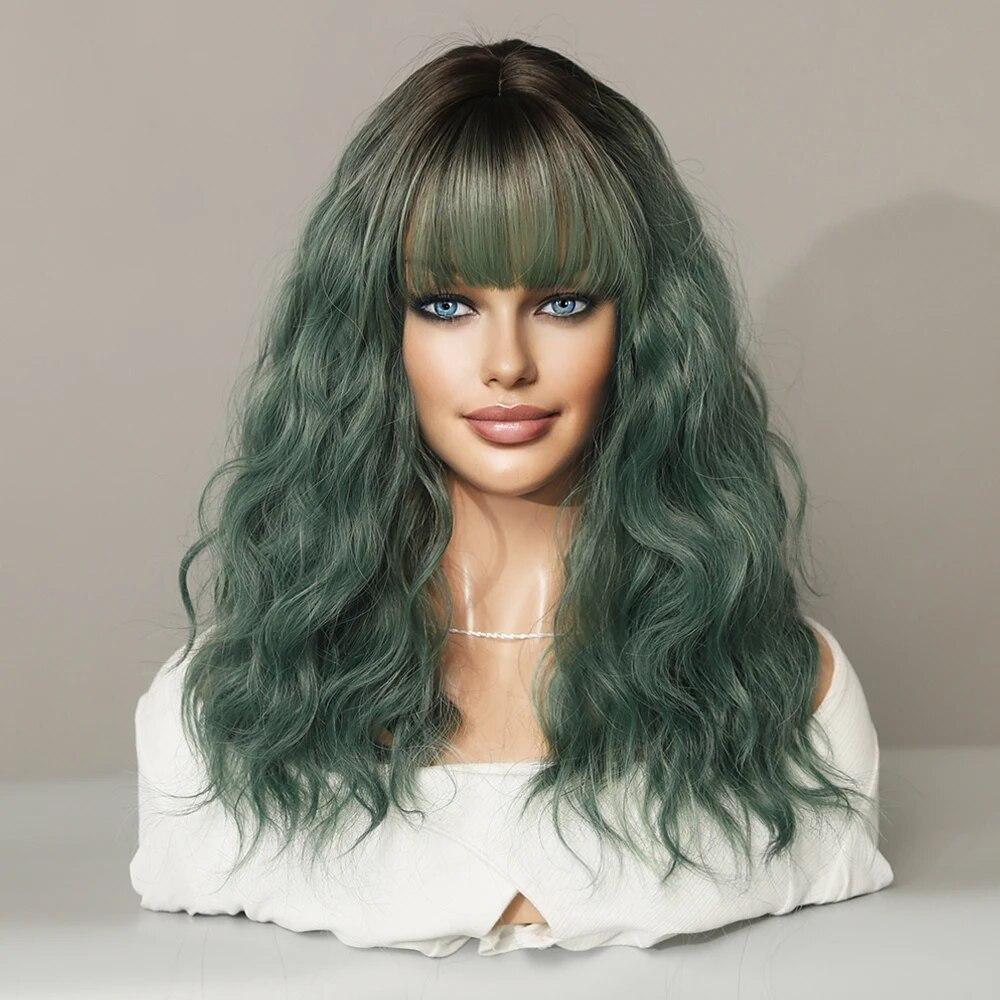 Perucă verde pentru femei Perucă de păr sintetic Bob până la umăr Perucă ondulată Cosplay Party Perucă de Halloween pentru femeie cu păr fals