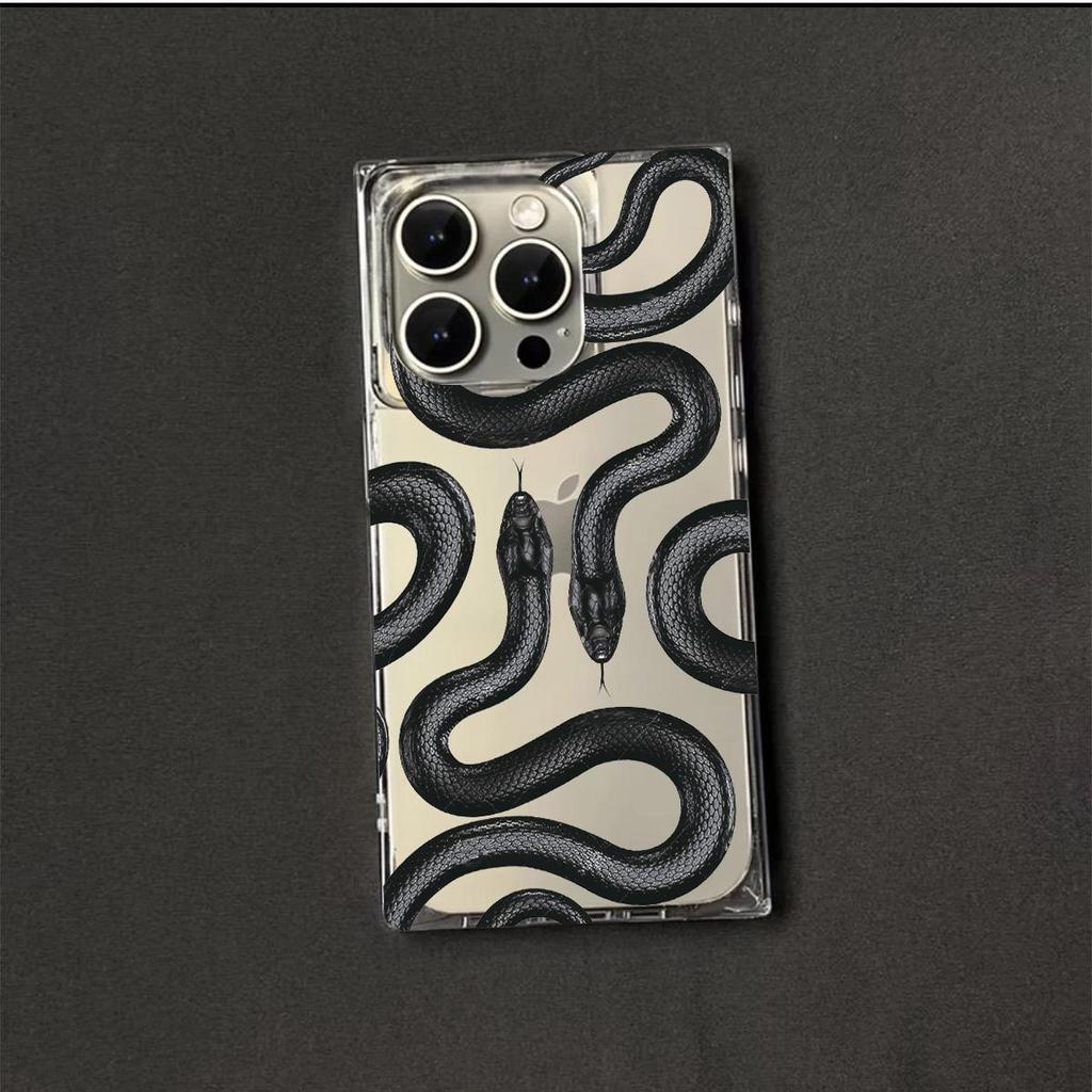 Transparent Square Back Tube Case Casing Protection For iPhone 16 ProMax 15 Plus 14 Pro Max 13 12 11 Anti-Oxygen,Black Mamba Python Pattern