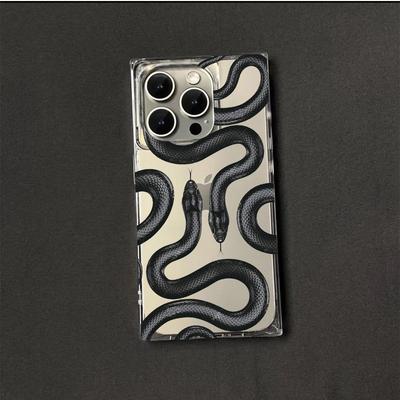 Transparent Square Back Tube Case Casing Protection For iPhone 16 ProMax 15 Plus 14 Pro Max 13 12 11 Anti-Oxygen,Black Mamba Python Pattern