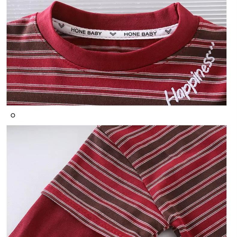 Korean Style Kids Boys Striped Top Cotton Splicing Loose Basic Kids T-Shirt Autumn Soft Breathable Children Clothes