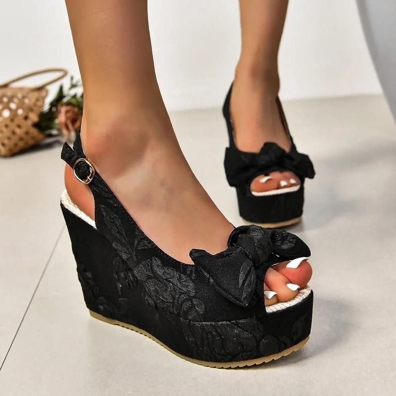Fashion Slope Heel Sandals Female 2025 Summer New Bow Embroidery High-heeled Fish Mouth Shoes Thick Bottom Fashion Versatile Women Shoes