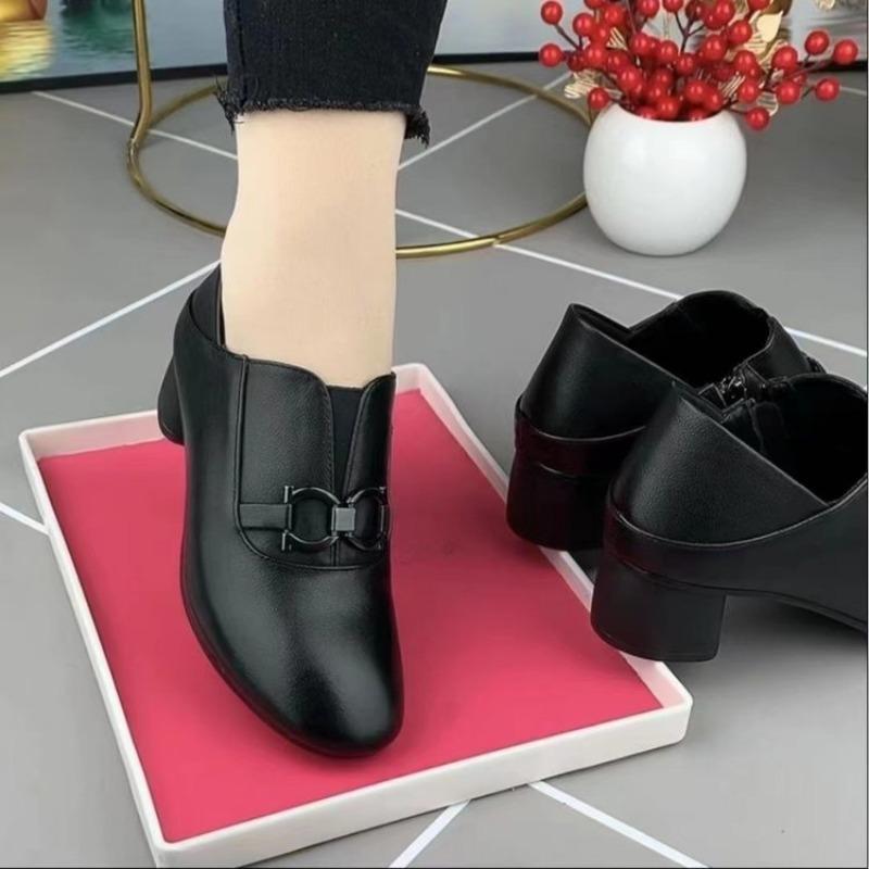 Deep-cut Women's Shoes Chunky Single Shoes New Mid-heel Shoes for Moms