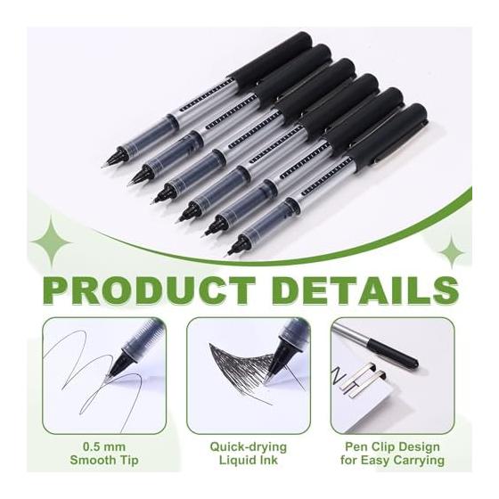 PATIKIL 6 Pcs Liquid Ink Rollerball Pens, 0.5mm Medium Point, Smooth Writing, Quick Dry Gel Ink, Black Ink, Silver Body, Black Cap