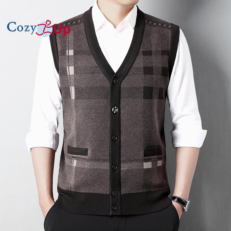 Cozy Up Pánská svetrová vesta bez rukávů s výstřihem do V Kabelová pletená vesta s knoflíkem dolů Cardigan
