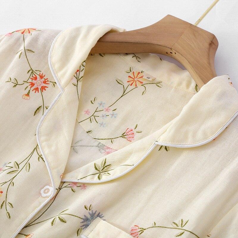 Novos pijamas femininos de verão, shorts de manga curta, terno de algodão, camada dupla, gaze, estampa, roupas frescas para casa, conjunto de duas peças para mulheres