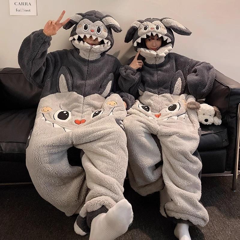 Winter Warm Sleepwear Women Men Pajamas Couple Pajamas Cartoon Hooded Nightwears