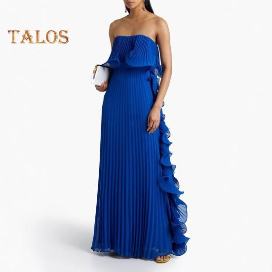 Damen Schulterfreies Maxikleid Sommer Rüschen Plissee Swing Langes Kleid für Hochzeitsfeiern Reisen Strand-Outfit