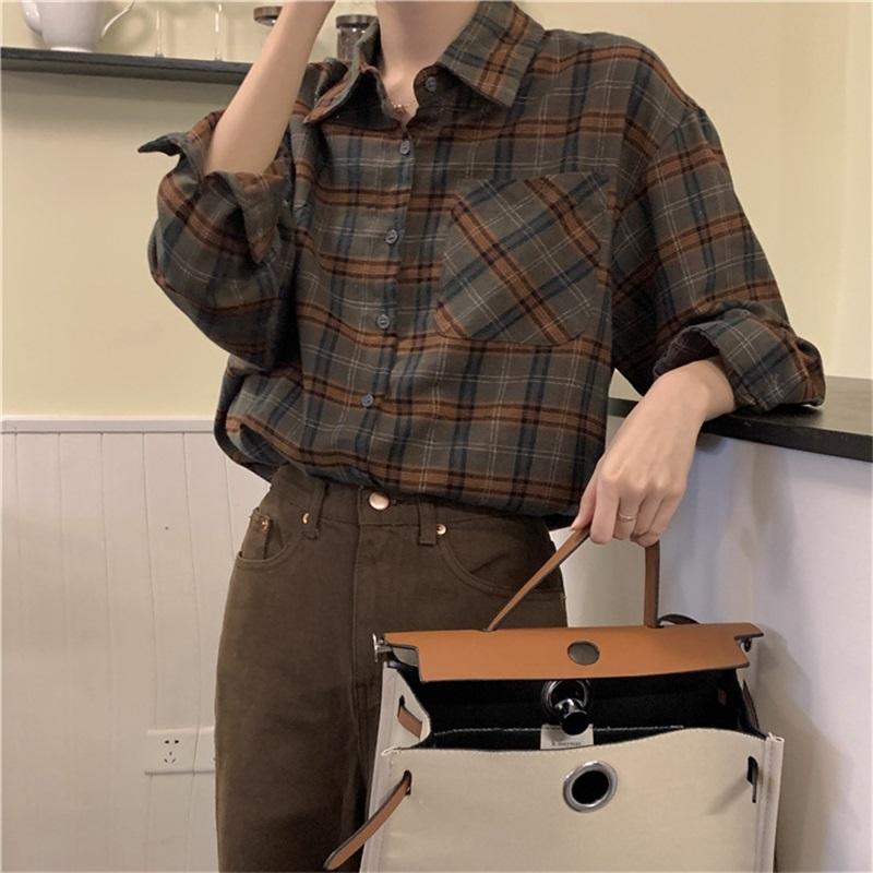 Women's Vintage Plaid Shirt Long Sleeve Loose Casual Button Up Blouse