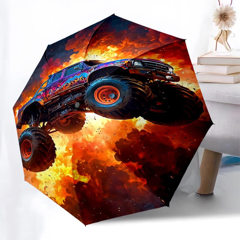 Monster Truck Themen-Reiseregenschirm mit 8 Speichen, Automatisches Öffnen und Schließen, Tragbares faltbares Design, Kompakter und stilvoller Schirm geeignet für