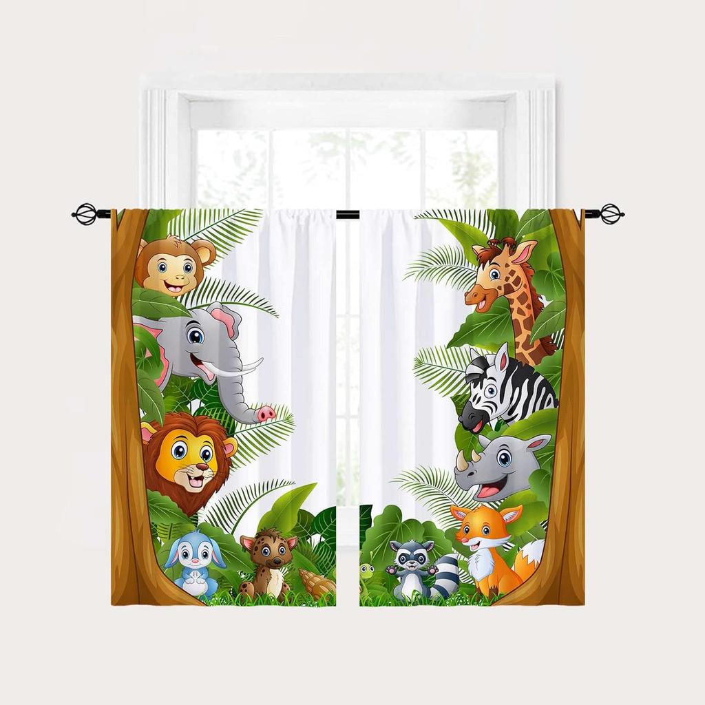 Rod Pocket Kids Animal Jungle Safari Wildlife Elephant Giraffe Lion Print Pattern Privacy Fabric Window Drapes For Boys Bedroom