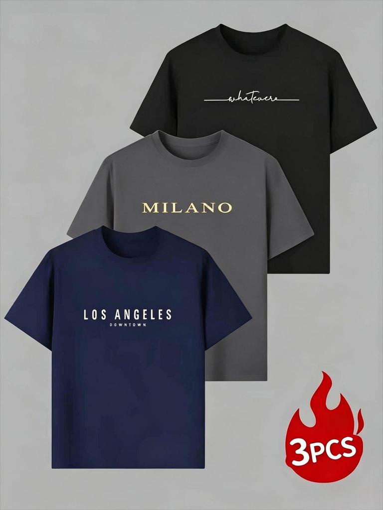 Men's European Size Bird's Eye Knit T-Shirt Set - Plain, Breathable, Quick-Dry, Short Sleeve, Round Neck, 3 Pieces