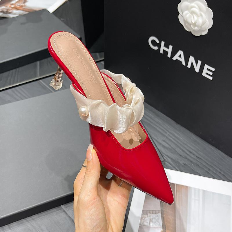 Fashion Elastic Lace Ribbon Band Slippers Woman Patent Leather Pointed Toe Shoes Ladies Gold High Heels Mules Party Dress Sliders Female