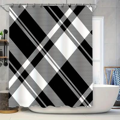 Modern Geometric Design Shower Curtain Set For Bathroom Decor Black White Plaid Pattern With Stripes Easy Install Rod Pocket Hoo