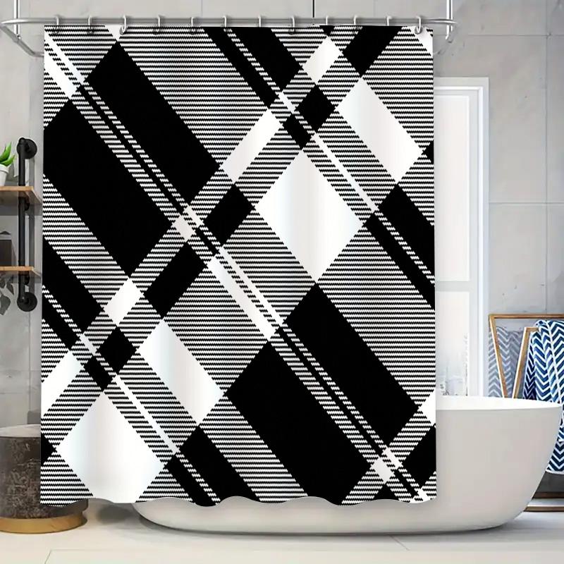 

Modern Geometric Design Shower Curtain Set For Bathroom Decor Black White Plaid Pattern With Stripes Easy Install Rod Pocket Hoo W60H190(CM)-1 Pcs