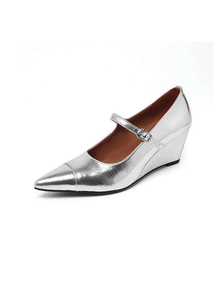 Beautiful temperament small silver high heels women's 2025 new spring special-shaped heel pointed retro wedge heel Mary Jane single shoes