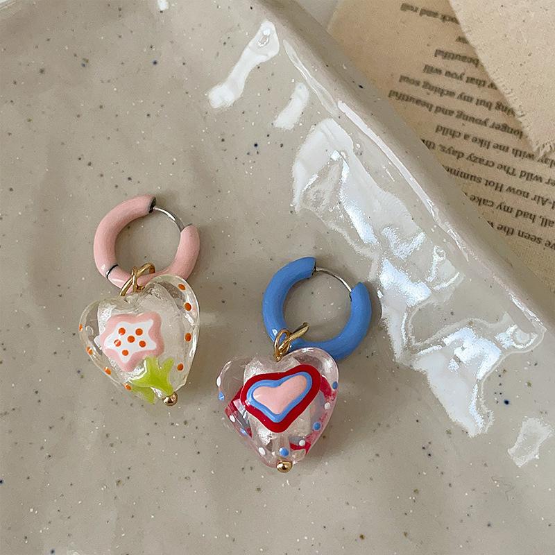Minar Sweet Candy Color Enamel Clear Coloured Glaze Asymmetric Love Heart Hoop Earrings for Women Statement Party Daily Jewelry