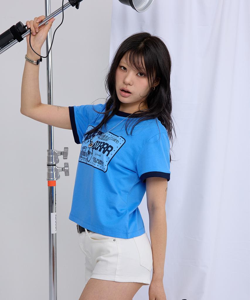 EEERRR Saint Licence Artwork Semi-Crop Ringer T-Shirt (Blue)