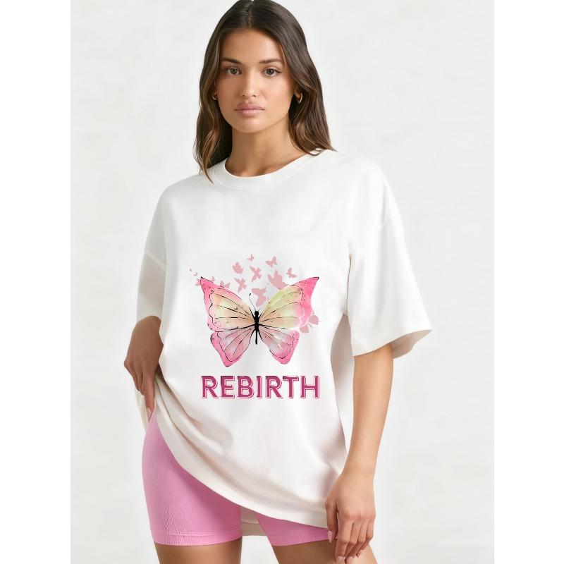 

Oversized T-Shirt Black Butterfly Print Rebirth Text Graphic Tee Women Casual Streetwear Fashion Top Summer Outfit XXXXL білий