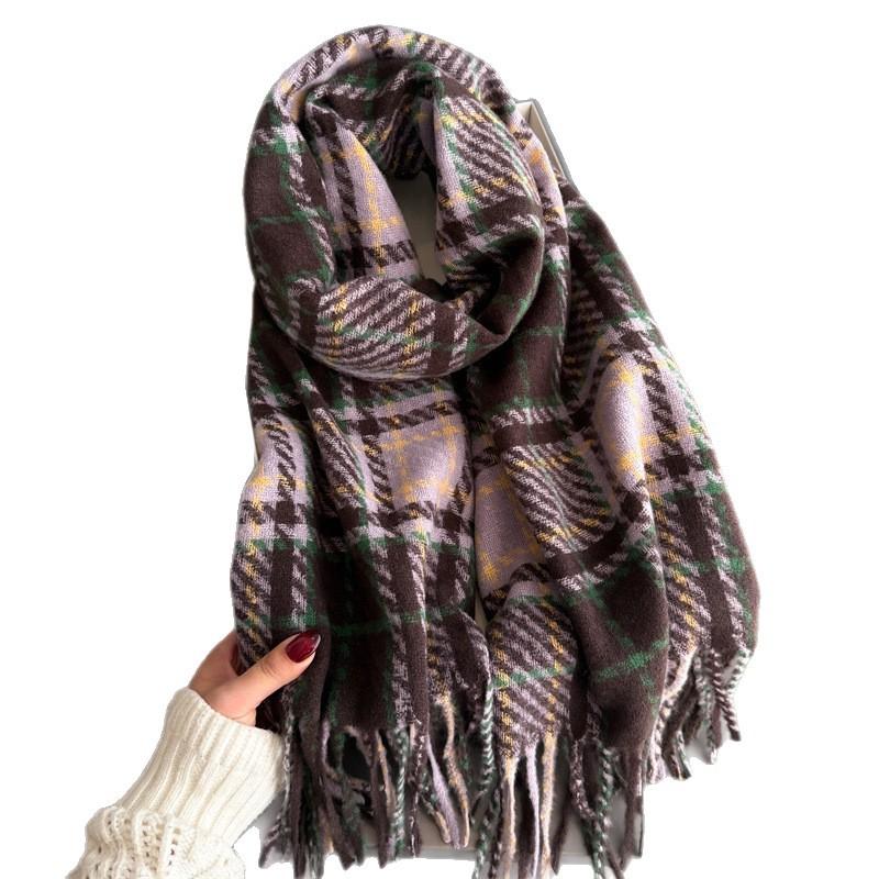 Plaid Atmosphere Autumn And Winter Warm Scarf Women'S Shawl Versatile Commuter Circle Yarn Fringed Imitation Cashmere Scarf