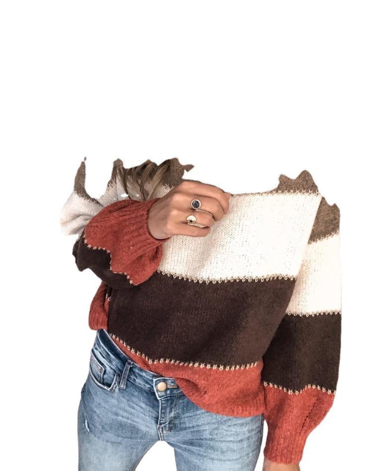 Women Casual Striped Knit Sweater Long Sleeve Round Neck Pullover Autumn Winter