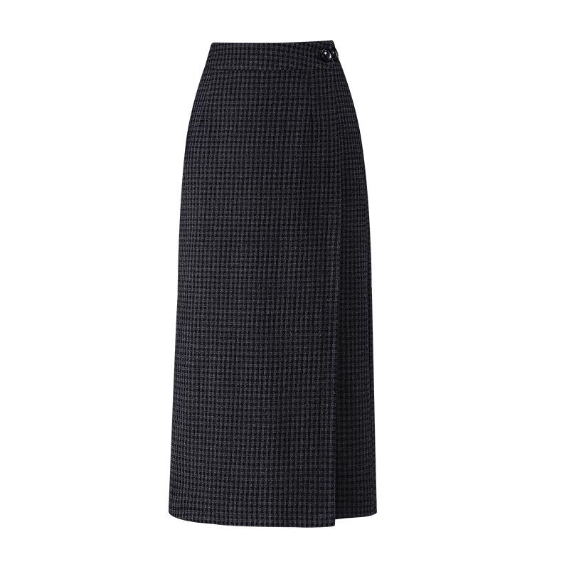 Plaid Woolen High-Waisted Pencil Skirt: Winter 2025 Korean Style, Thickened and Warm with Slit