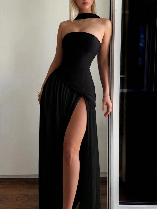 Spring/Summer 2026 European & American Women's Strapless Backless Solid Color Slit Long Dress