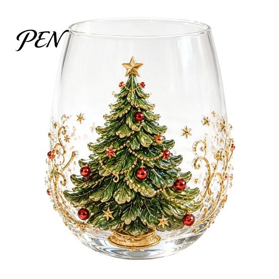 Elegant Wine Glass Set Creative Transparent Santa Claus Pattern Mug, 3D Embossed Christmas Aesthetic Tea Cups, Drinking with Tree Wreath Socks Design,
