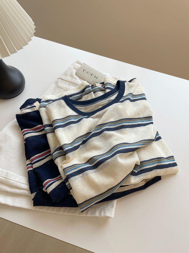 Women's Retro Color Block Stripe Long Sleeve T-shirt, Autumn Loose Fit, Casual Sun Protection Top