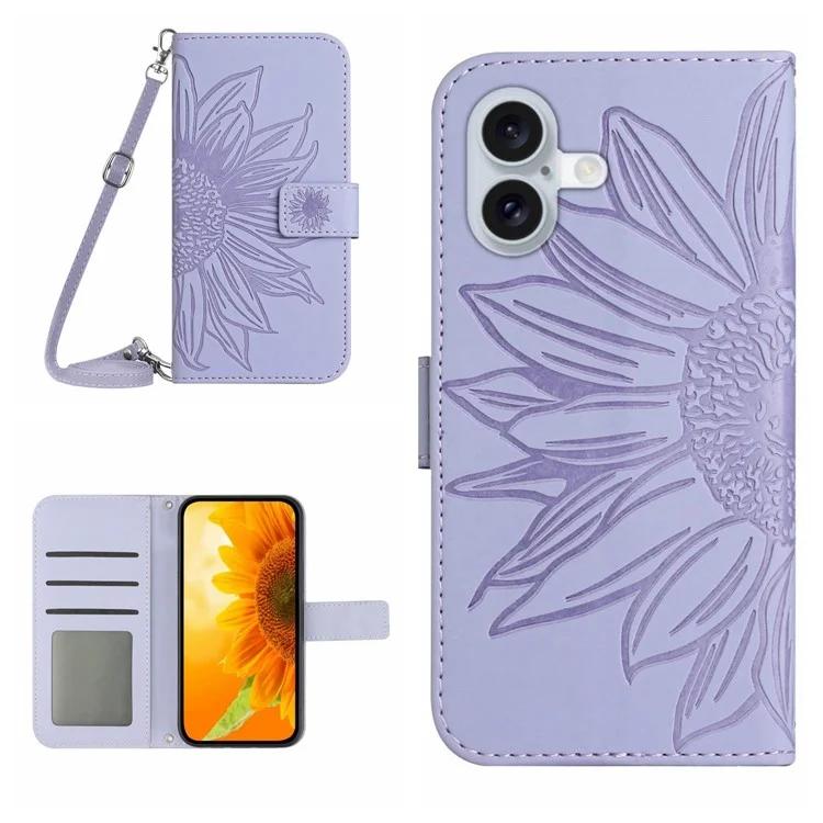 HT04 For iPhone 16 Plus Case with Shoulder Strap Leather Phone Cover Sunflower Pattern