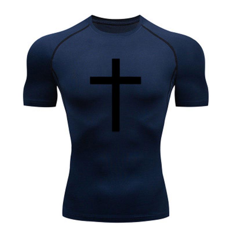 Men Compression Fitness Sports T-Shirt, Classic Black Cross