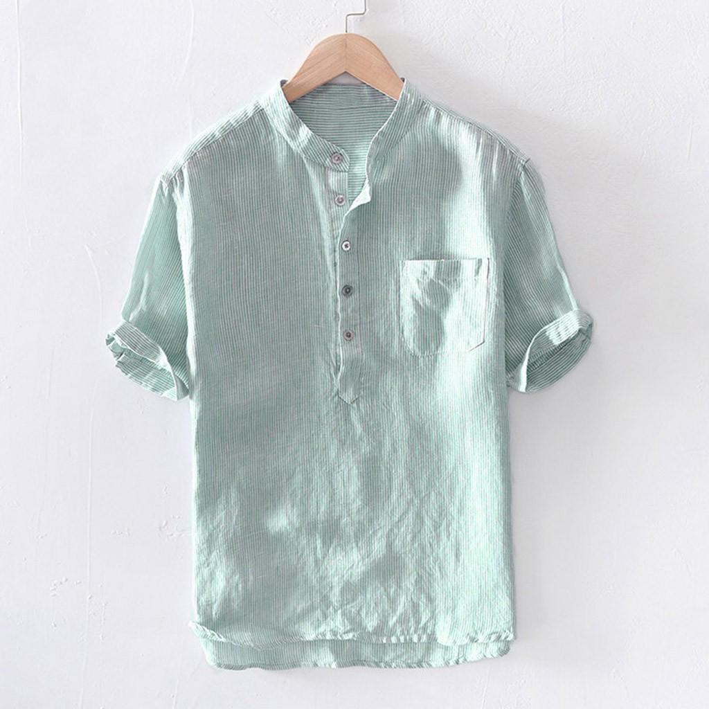 Men's Baggy Stripe Cotton Linen Short Sleeve Button Pocket T Shirts Tops Blouse