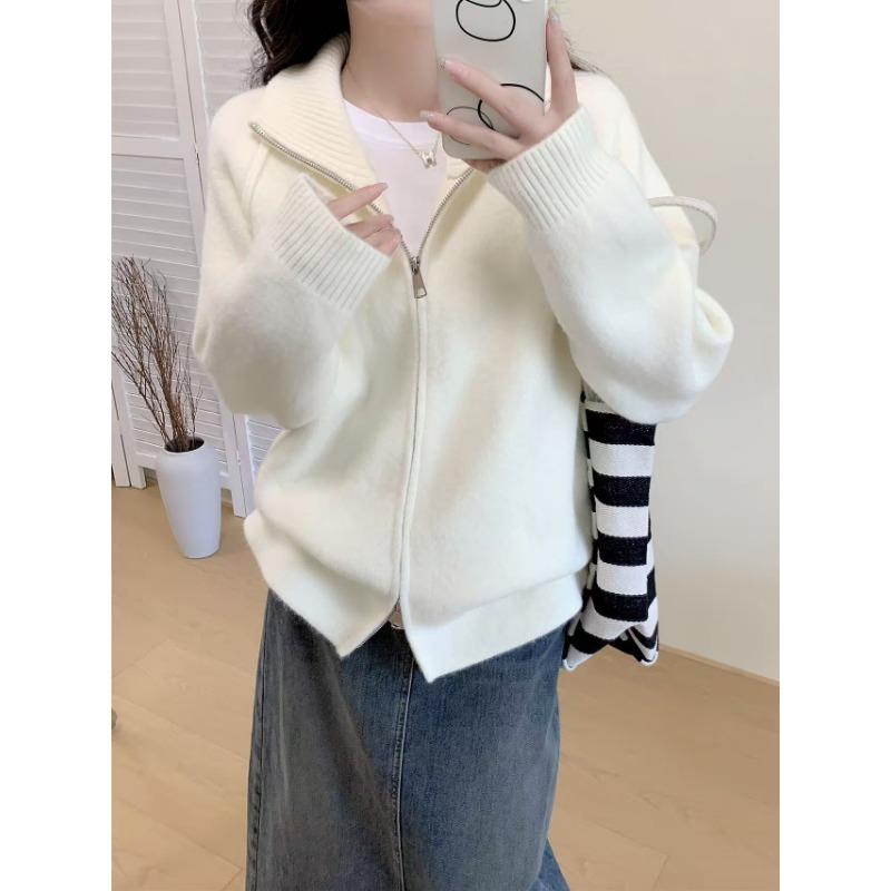 

Solid color stand-up neck zipper sweater jacket autumn and winter new loose thickened soft waxy knitted cardigan top One size