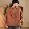 Johnature Woman Autumn Drawstring Long Sleeves Loose Casual Coat Solid Color Zipper Hooded Splicing Coat