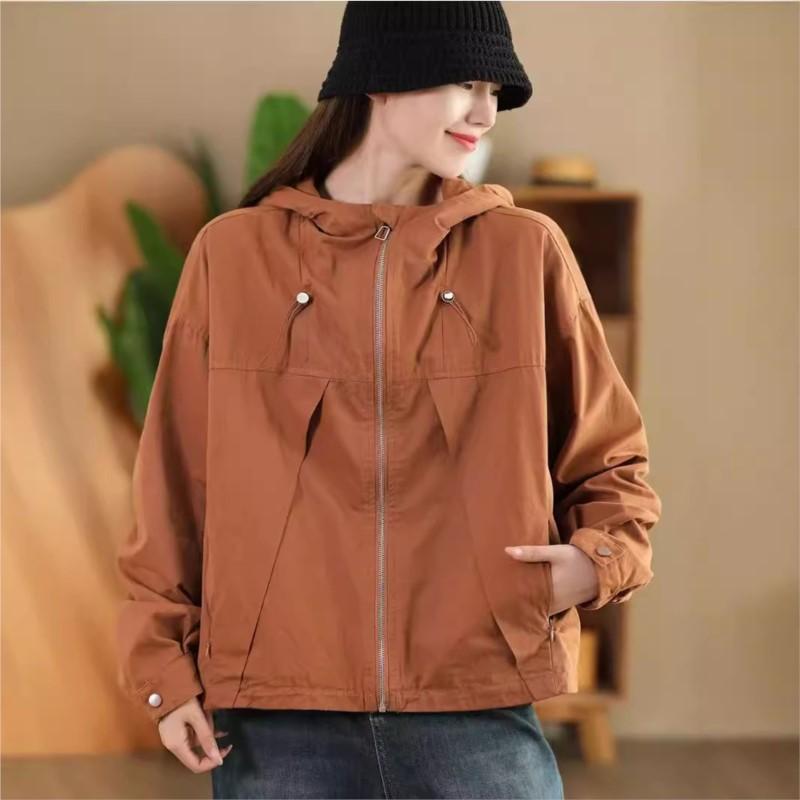 Johnature Woman Autumn Drawstring Long Sleeves Loose Casual Coat Solid Color Zipper Hooded Splicing Coat