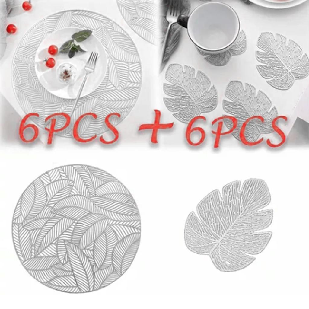 Placemats and Coasters Set Hollow Insulation 6 Pcs Round Dining Table Place Mats and 6 Pcs Leaf