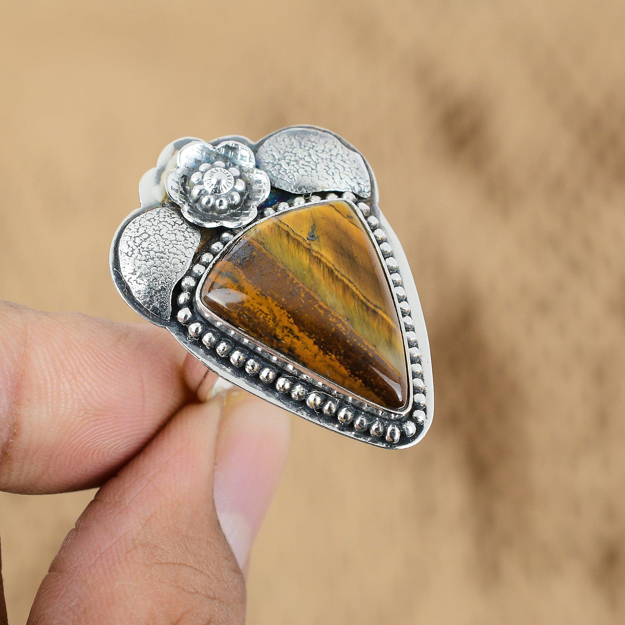 

Gift For Her Natural Tiger S Eye Multi Stone Flower Adjustable Ring 925 Silver Yes