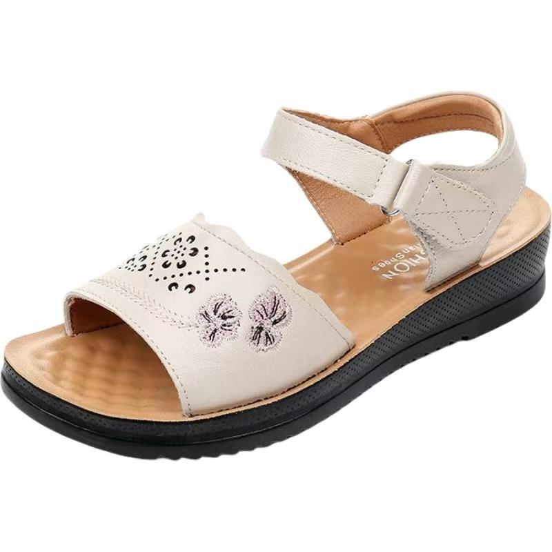 Women's Summer Leather Wedges Sandals Thick Sole Non Slip Open Toe Lightweight Comfortable Velcro Middle Aged And Elderly Sandal