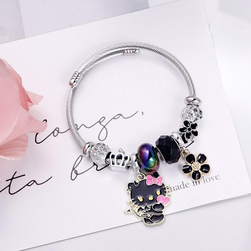Delicate Five-Petal Flower Pendant Stainless Steel Beaded Bangle Bracelet For Women