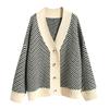 V-Neck Diamond Stripe Knit Cardigan Jacket - Autumn/Winter Loose Fit Women's Forest Style