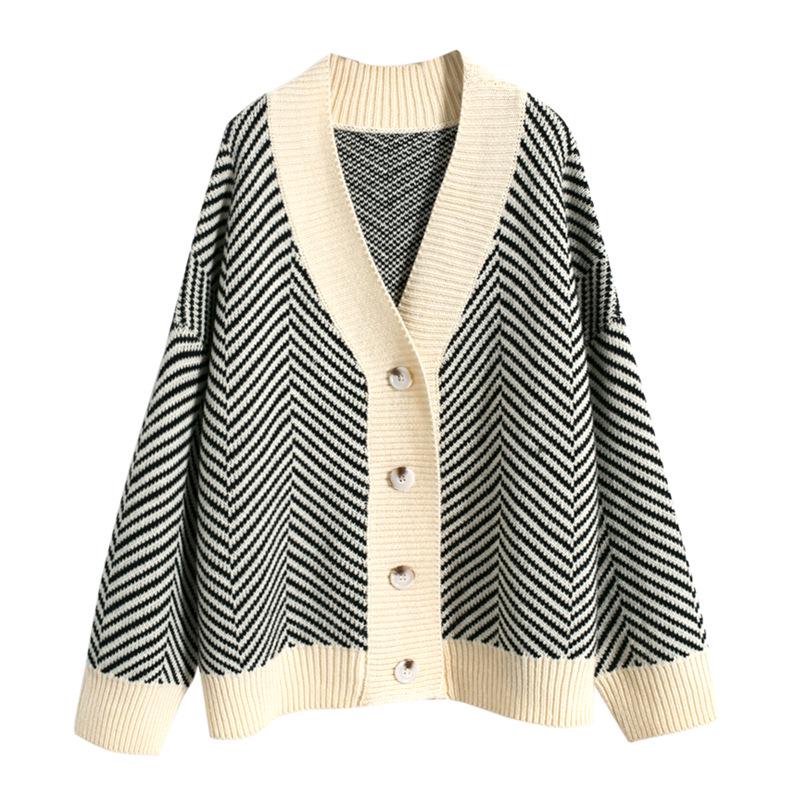 V-Neck Diamond Stripe Knit Cardigan Jacket - Autumn/Winter Loose Fit Women's Forest Style